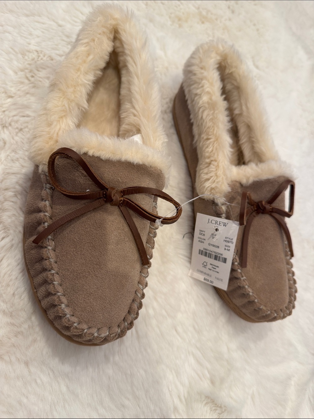 J. Crew Women's Moccasin Slippers in Taupe with Cream Faux-Fur Trim